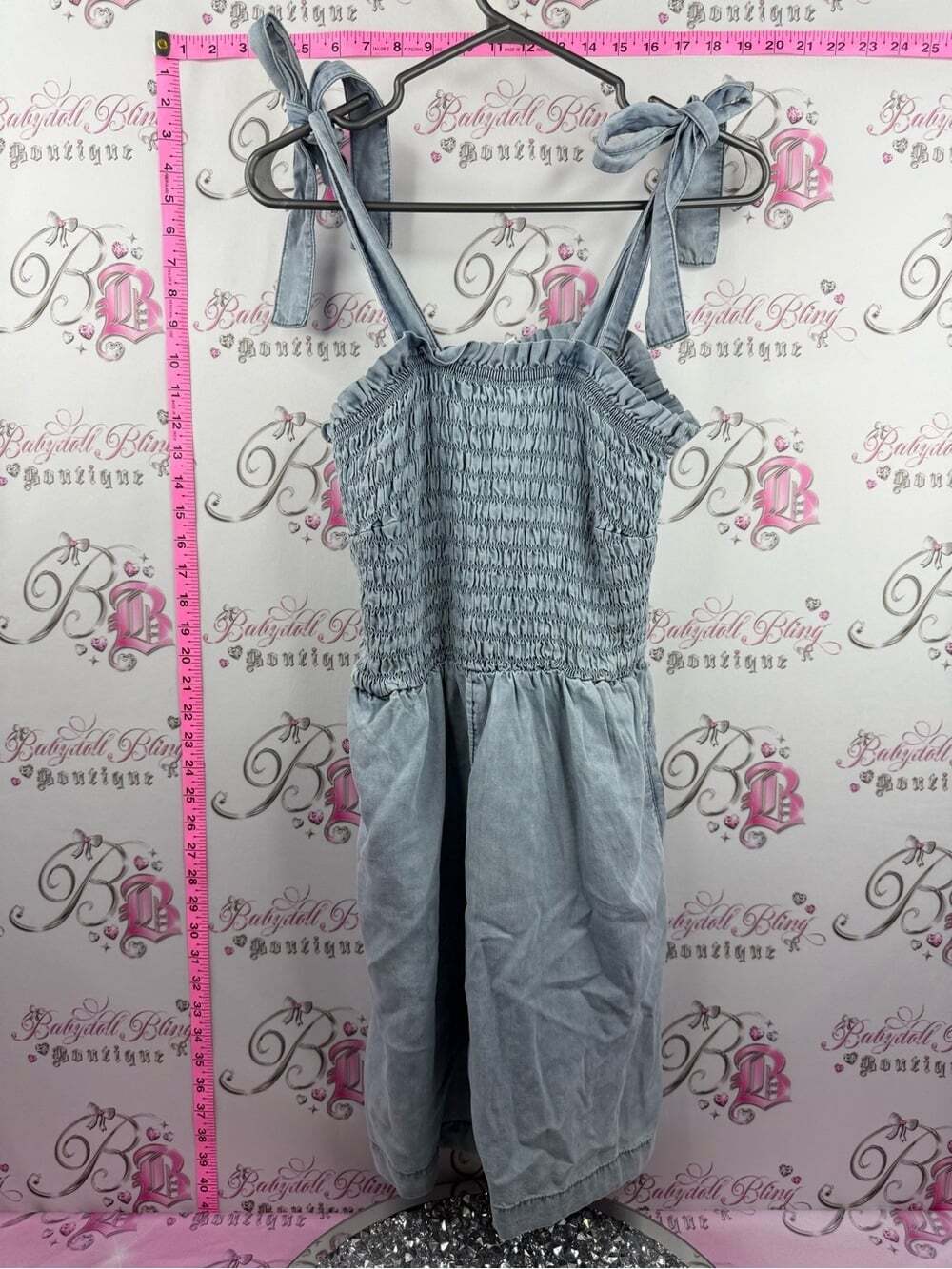 DD77 jumper romper Tie-Shoulder Smocked Jumpsuit Romper in Light Blue